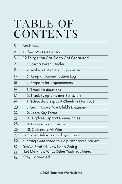 Table of contents from Overwhelmed to Organized showing 12 steps including starting a parent binder, tracking medications and behaviors, preparing for appointments, and exploring support communities