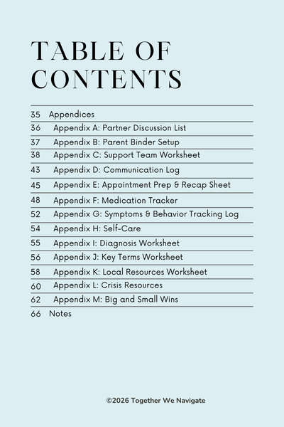 Table of contents continued showing 13 appendices including partner discussion list, parent binder setup, communication log, medication tracker, symptom tracking log, crisis resources, and big and small wins tracker