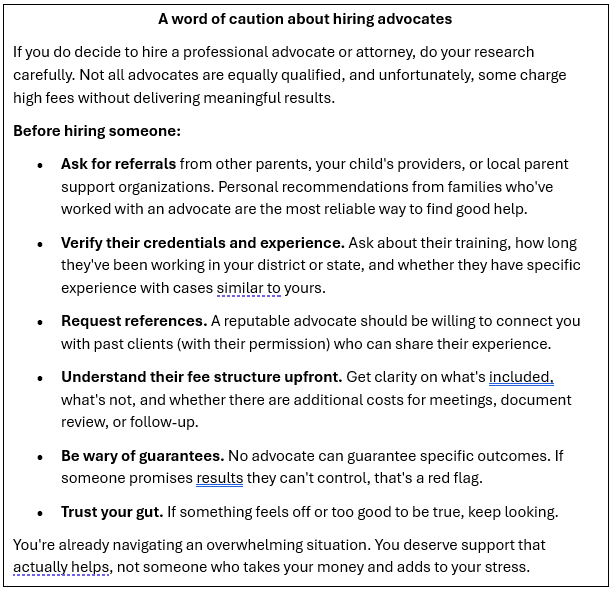 A list of important considerations before hiring an educational advocate.